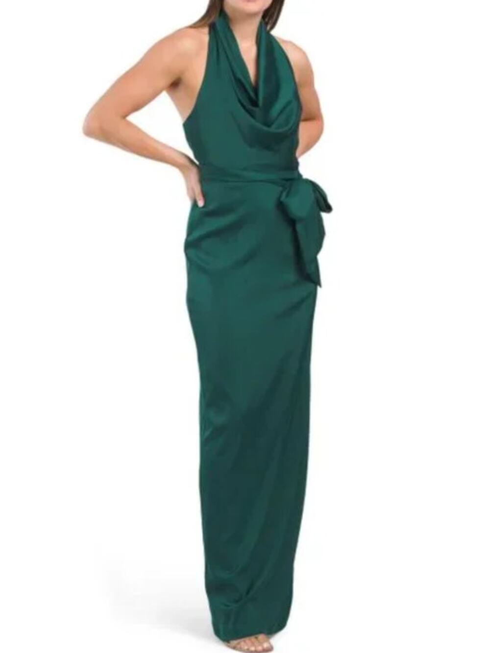 LIV FOSTER Satin Cowl Neckline Column Gown Size 10 Green Tie Waist NWT